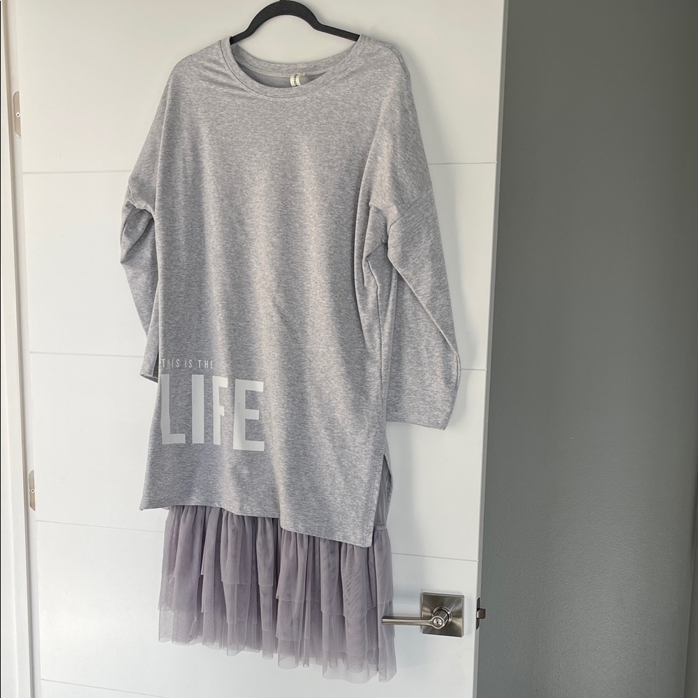 Gray Long Sleeve Tunic with Tulle Hem